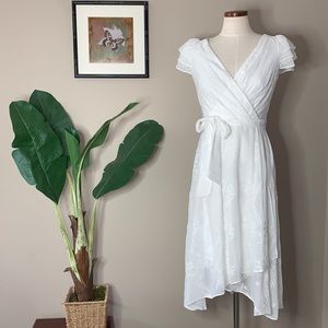 DKNY Embroidered Eyelet Faux Wrap Surplice Neck Midi Dress, White, Size 4